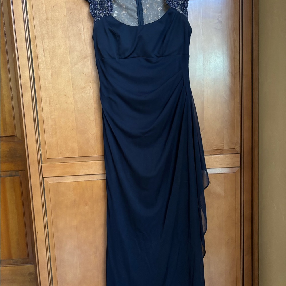 Xscape Blue Asymmetrical Ruched Gown Sweetheart Neckline